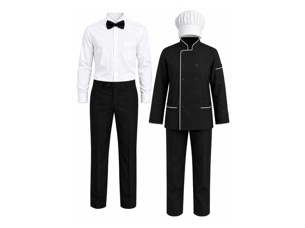 Hospitality uniforms — server shirt with bow tie and black chef jacket with toque