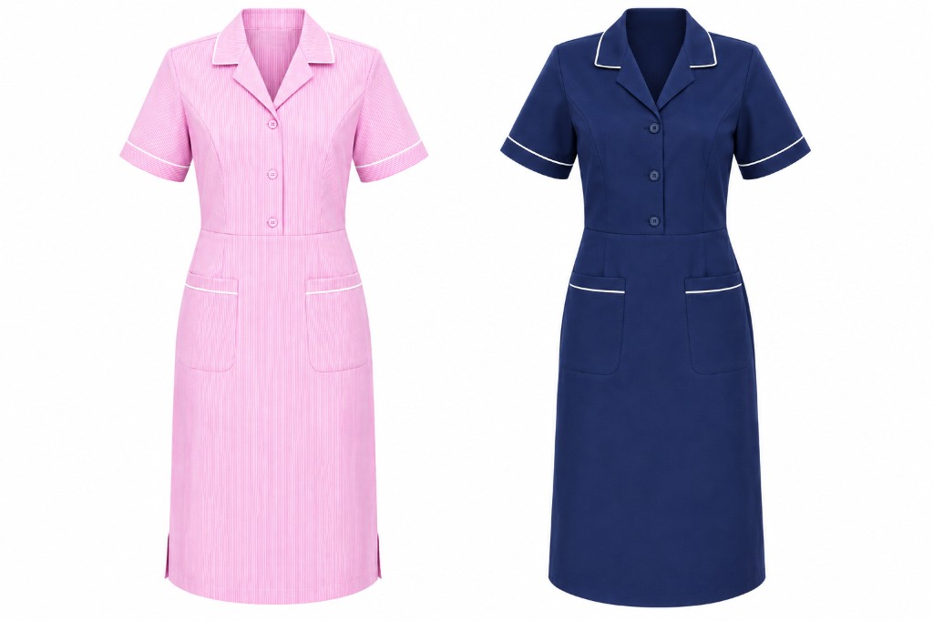 Household staff uniforms — pink pinstripe and navy dresses with white piping