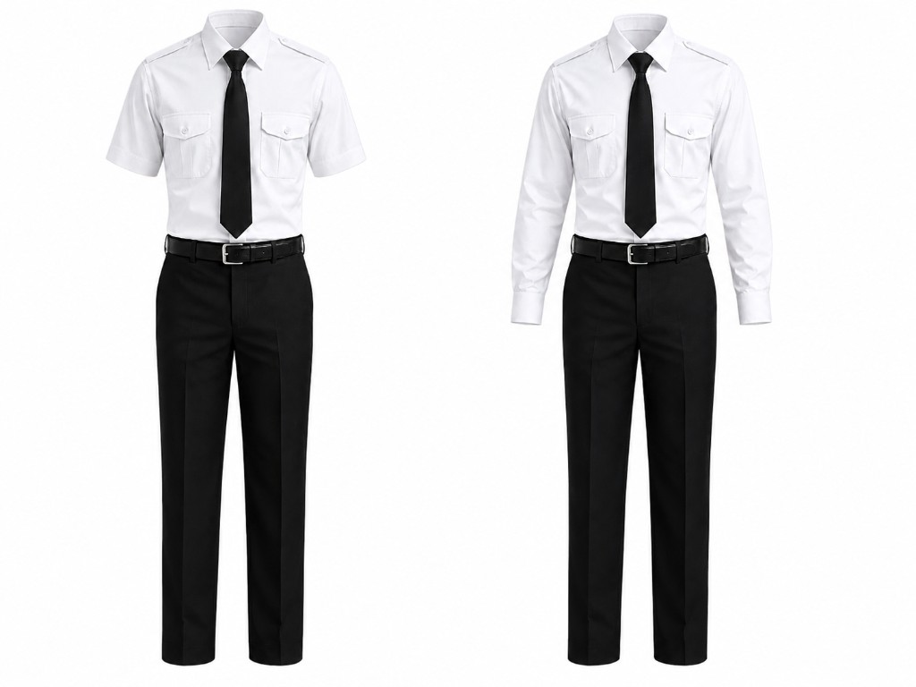 Pilot uniforms — short-sleeve and long-sleeve white shirts with black tie, belt, and trousers